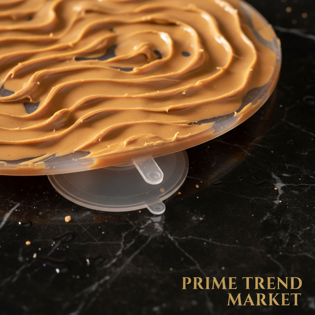 Pet Lick Mat - Textured Grooves Detail with Peanut Butter Close-up