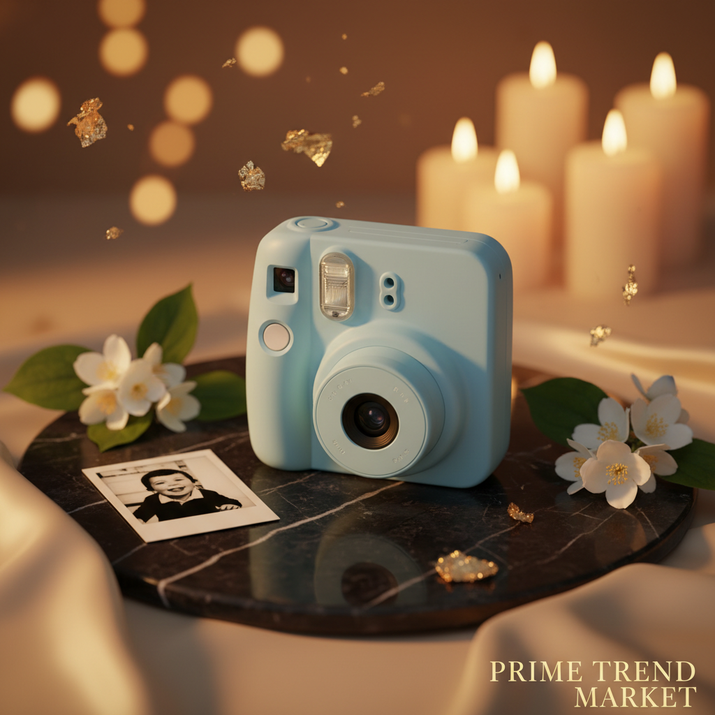 PrintSnap Kids Camera Blue on dark marble with printed photos