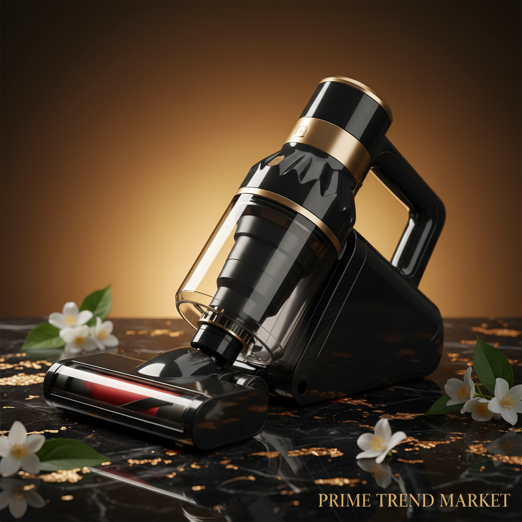 Close-up hero shot of black gold cordless car vacuum on black marble with amber backlight - Prime Trend Market