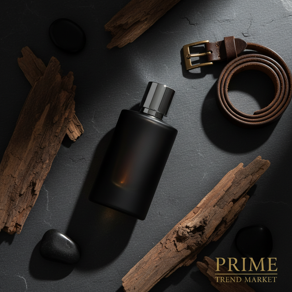 Men's perfume flat lay on dark slate with cedar and leather