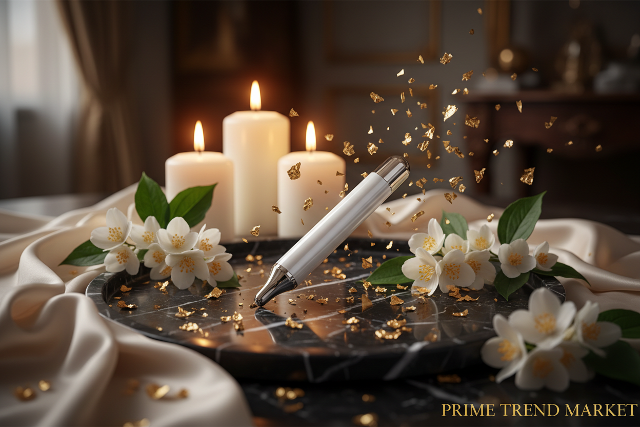 Luxury EMS Eye Beauty Pen White Cinematic Hero Shot Gold Confetti