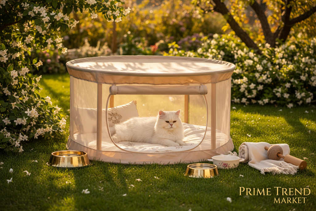 White cat lounging in outdoor pet playpen