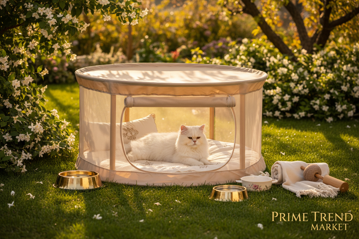 White cat lounging in outdoor pet playpen