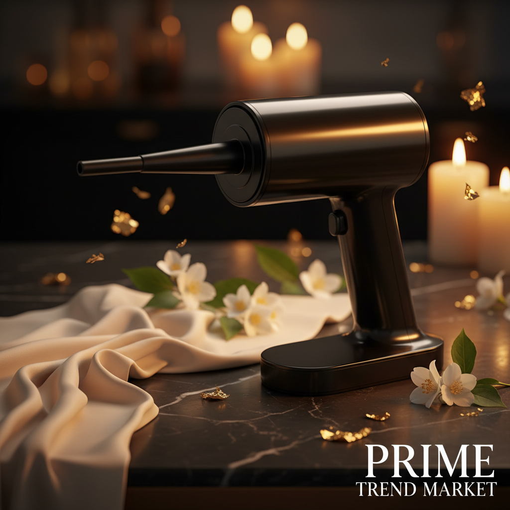 Black electric air duster cordless blower on black marble with jasmine flowers - Prime Trend Market