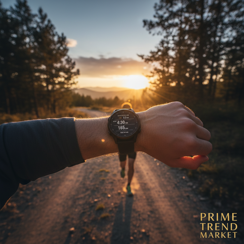Man running outdoors wearing SENBONO round smartwatch showing fitness stats