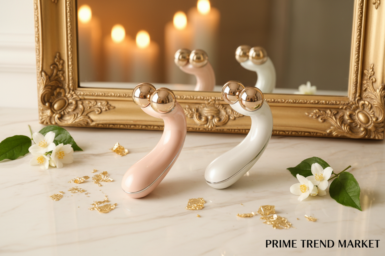 Luxury EMS Micro-Current Face Massager Pink and White Duo Vanity Flatlay