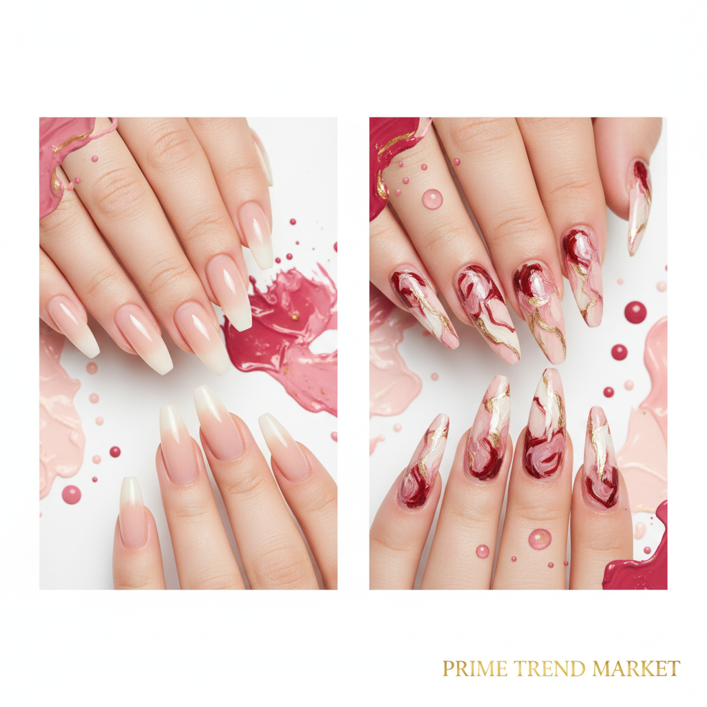 Before and after graffiti oil painting press-on nails transformation with paint splash accents