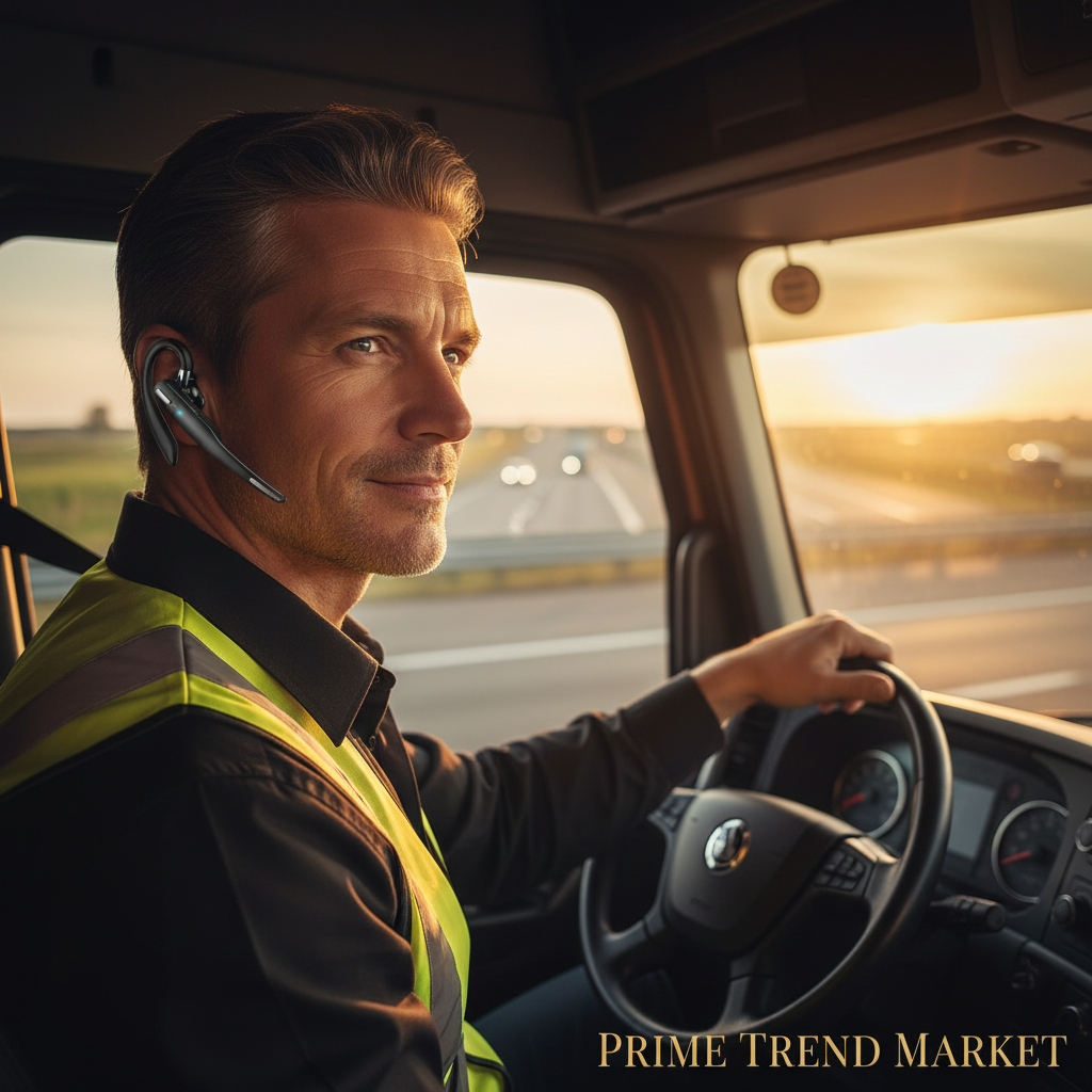 Truck driver wearing Bluetooth earpiece while driving — Prime Trend Market