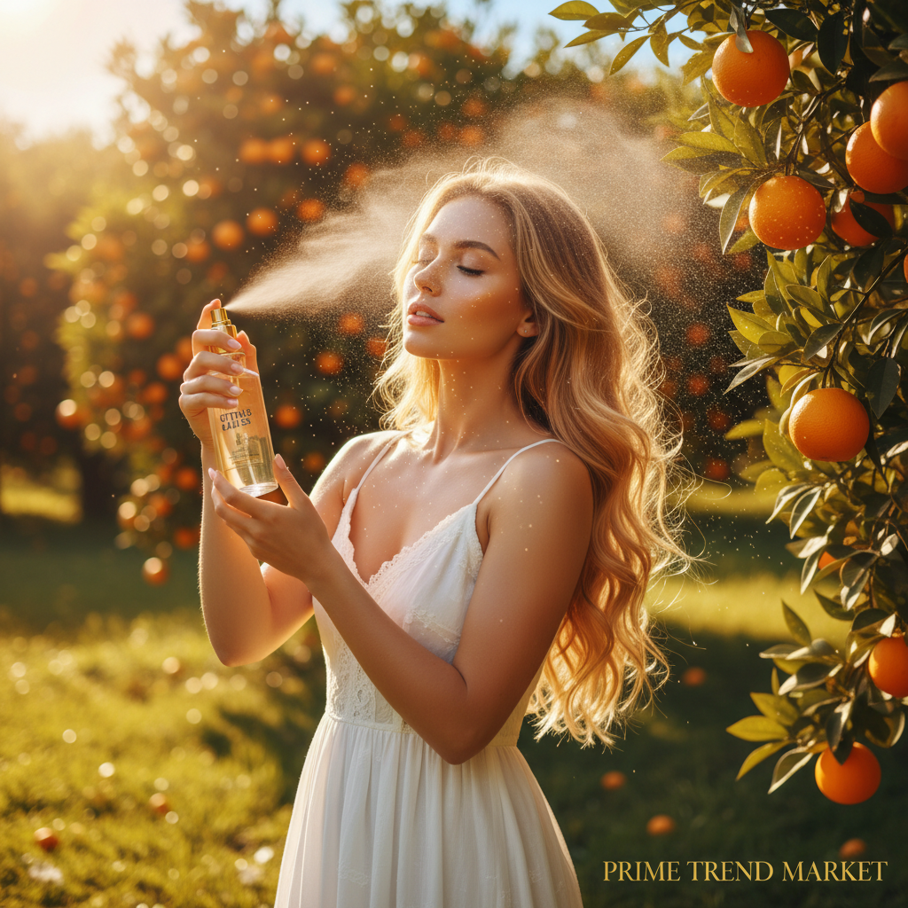Woman misting hair with EELHOE Tangerine fragrance spray in sunny orange grove - Prime Trend Market