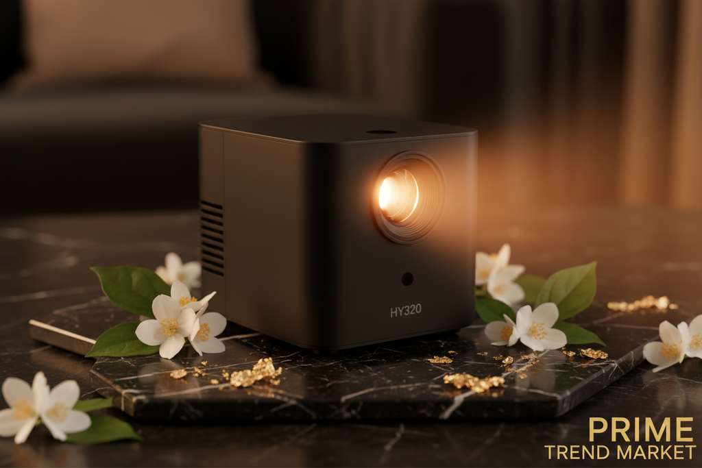 HY320 Mini Projector on black marble with cinematic light beam and jasmine flowers — Prime Trend Market