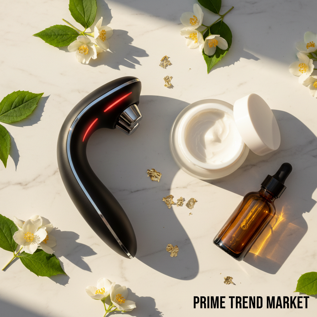 IFT Red Light Face & Neck Lifting Massager full ritual bundle flatlay with massage cream and oil