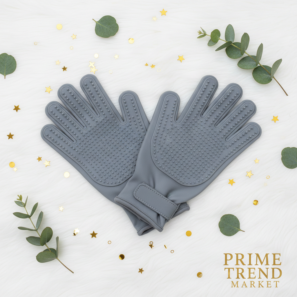 Gray pet grooming gloves for cats and dogs on white background with green leaves and gold confetti