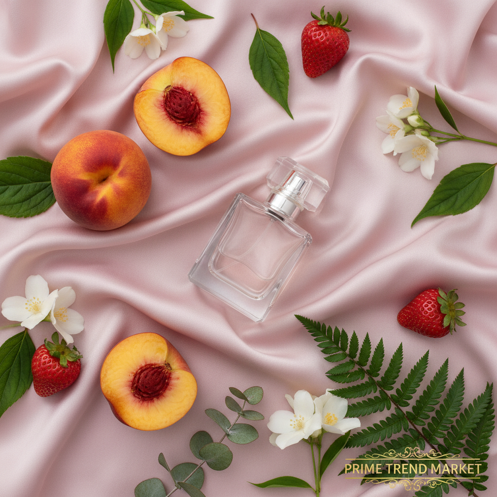 Perfume bottle with peach slices, strawberries and jasmine on pink silk