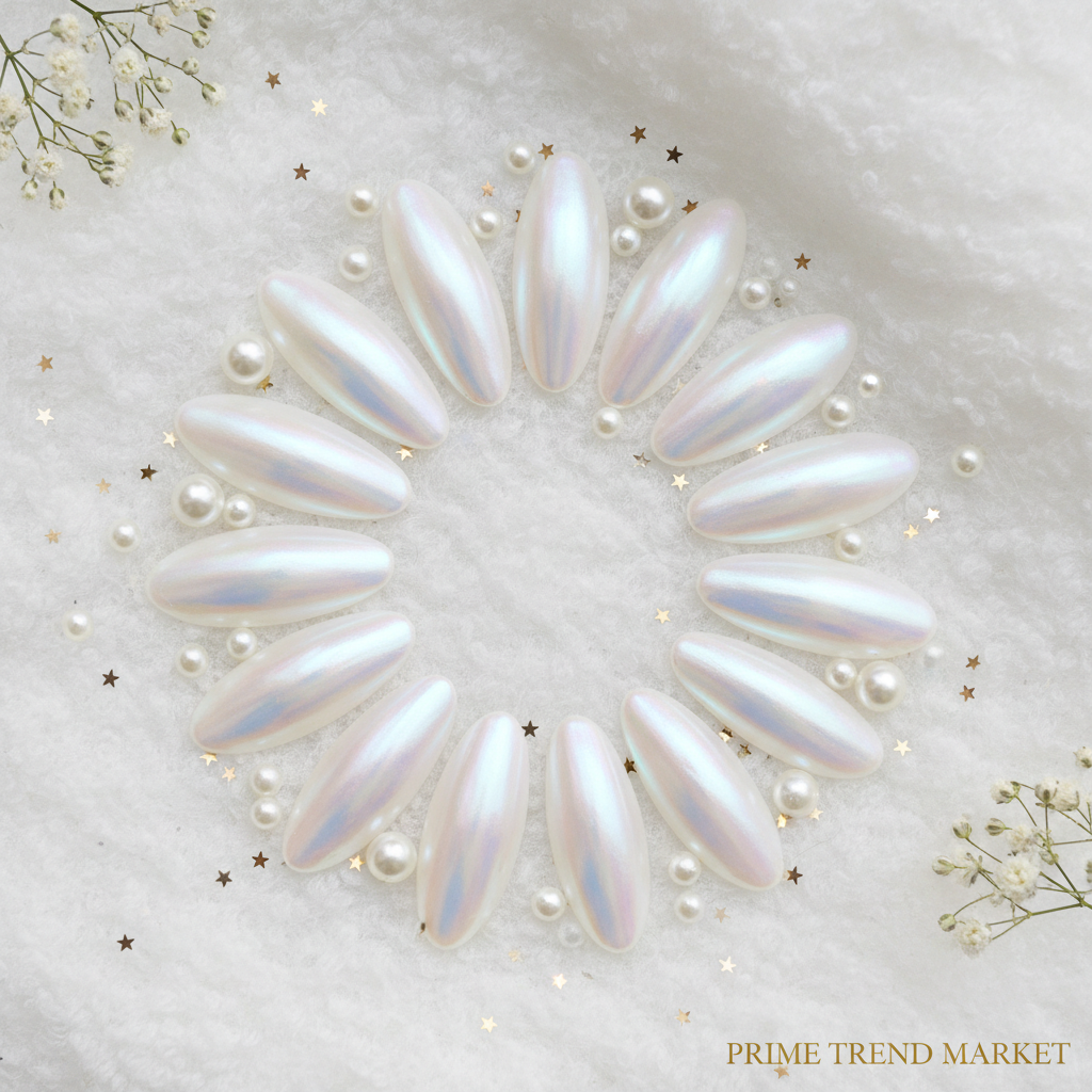 Aurora white long water pipe press-on nails arranged in circle on white background with pearls and gold stars