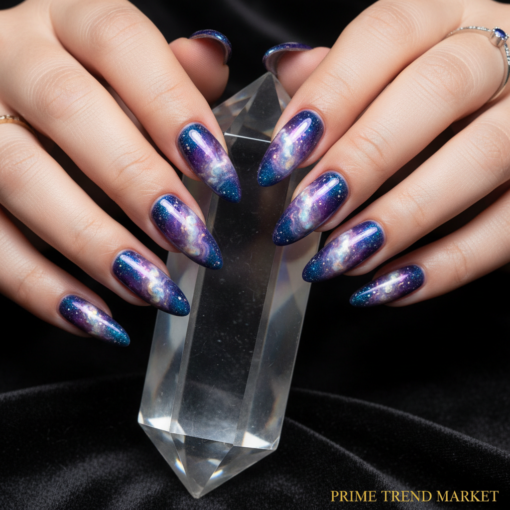 Woman's hands with nebula glint cosmic press on nails holding crystal prism