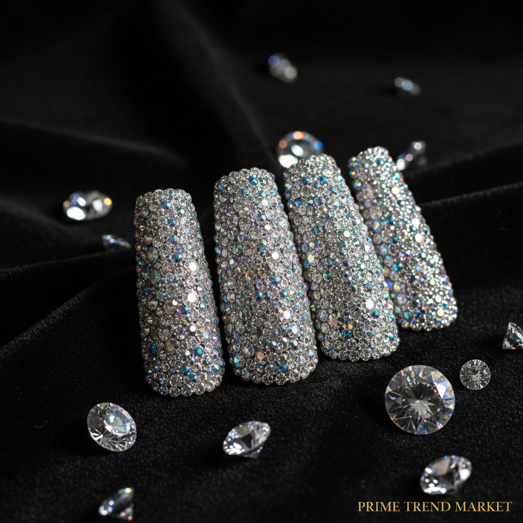 Full diamond 3D crystal aurora duck nails hero shot on black velvet with scattered crystals