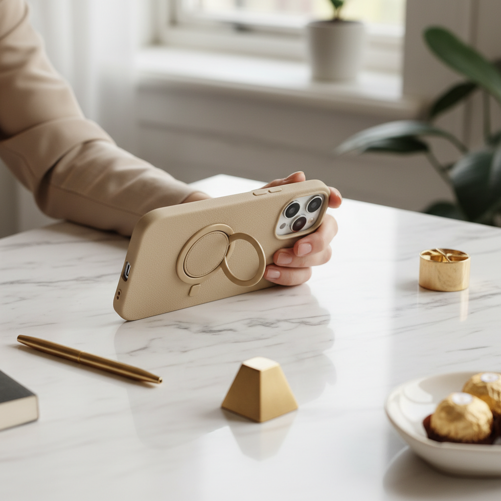 Ring camera phone case used as stand on white marble desk