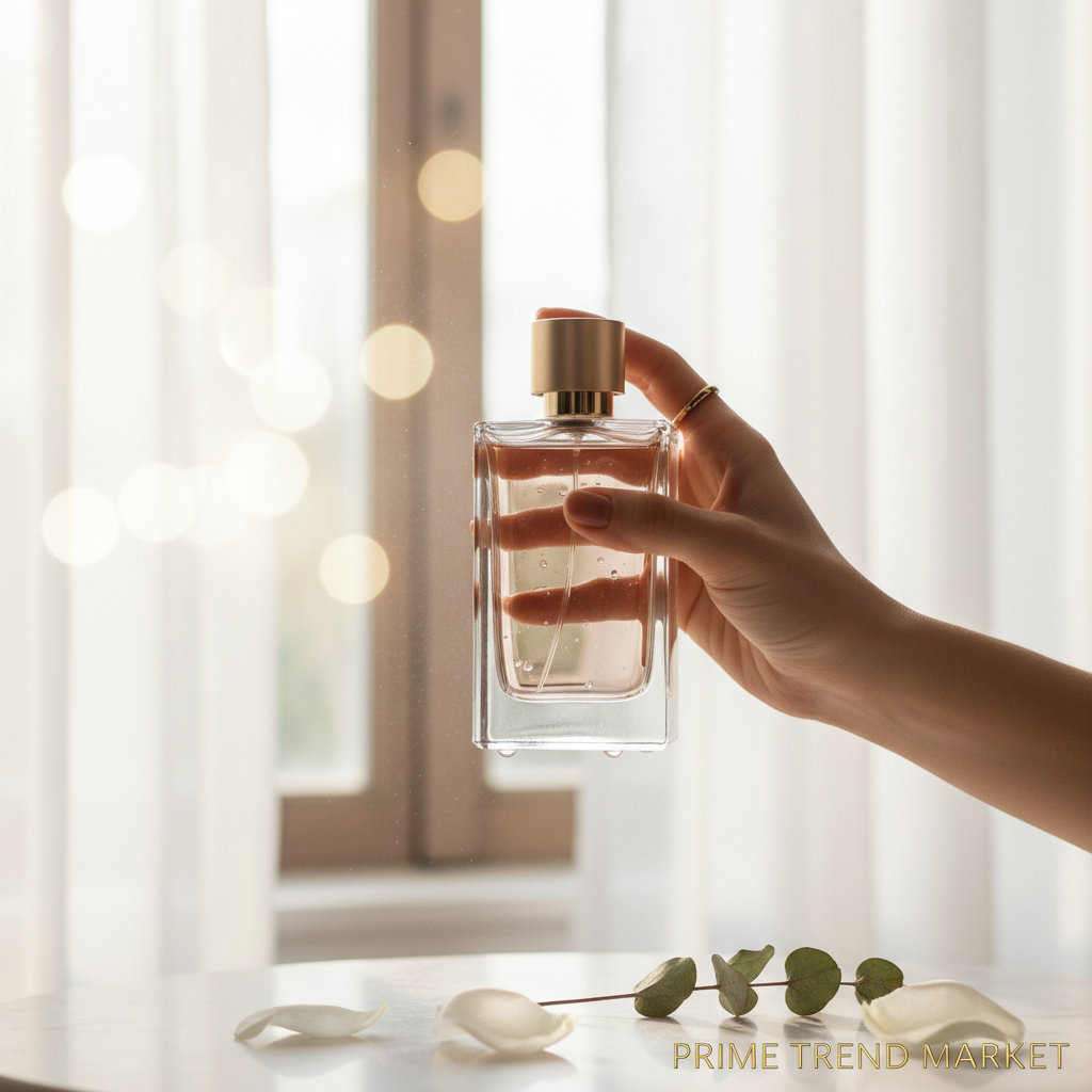 Woman holding niche perfume near sunlit window with sheer white curtains