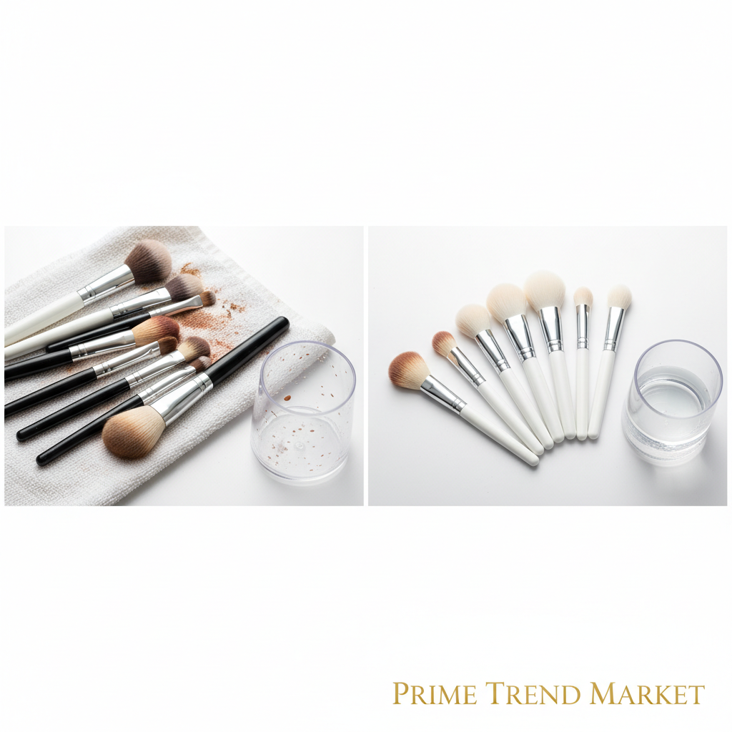 Before and after dirty vs clean makeup brushes using electric cleaner