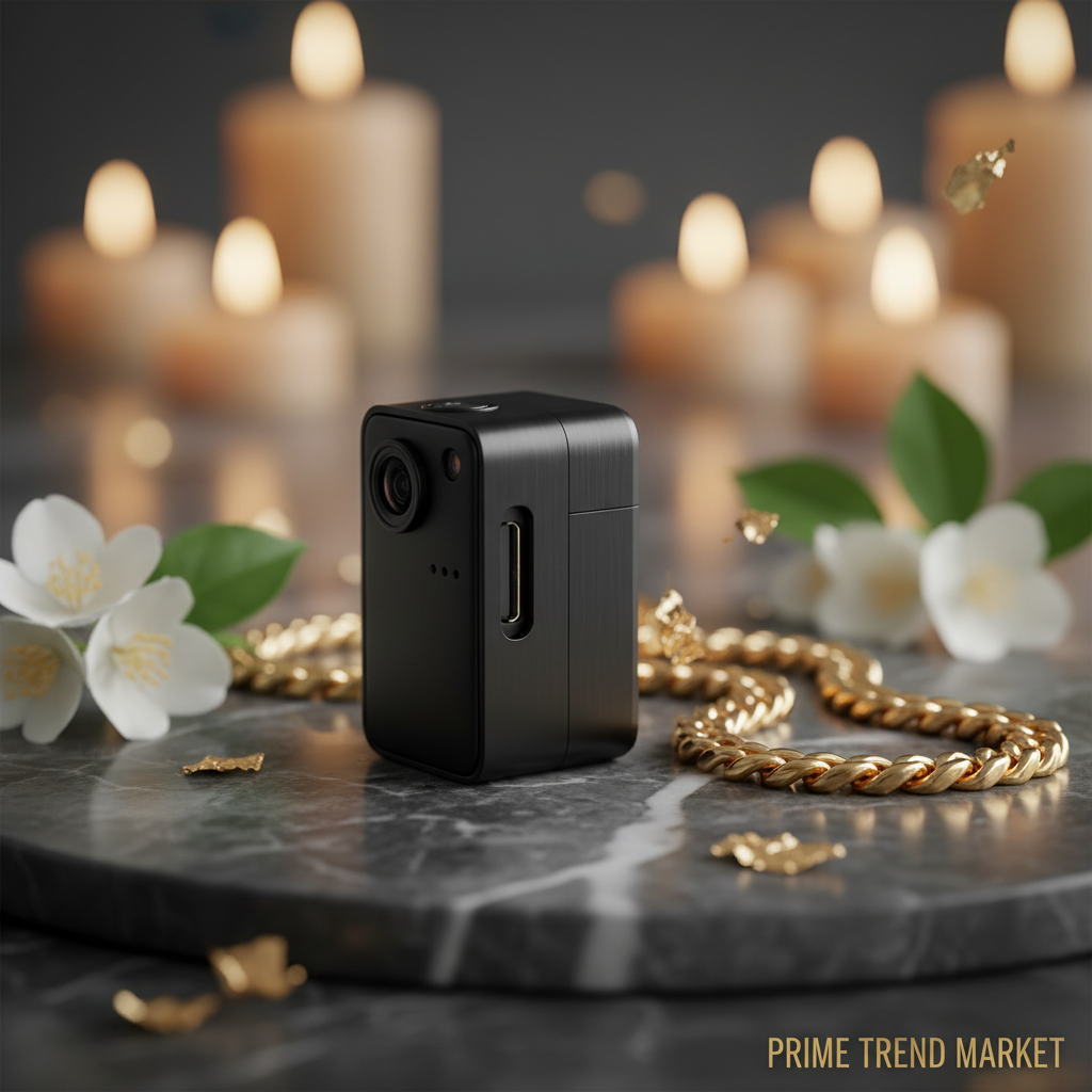 NeckShot camera close-up with memory card on dark marble