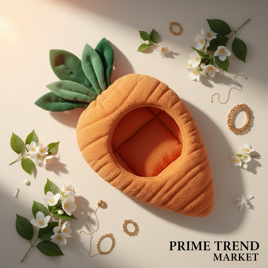 Premium carrot cat pet bed flat lay on cream ivory surface with jasmine flowers and gold accents
