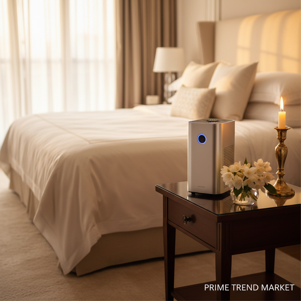 Mini air purifier on bedside table in luxury bedroom with candlelight and jasmine flowers - Prime Trend Market