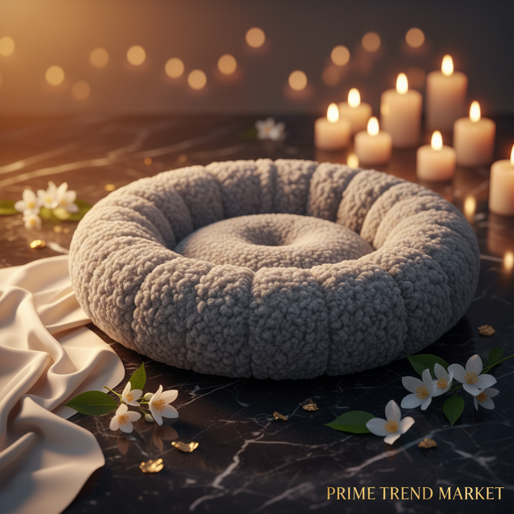 Premium grey lamb wool round donut pet bed on dark marble with gold accents and jasmine flowers
