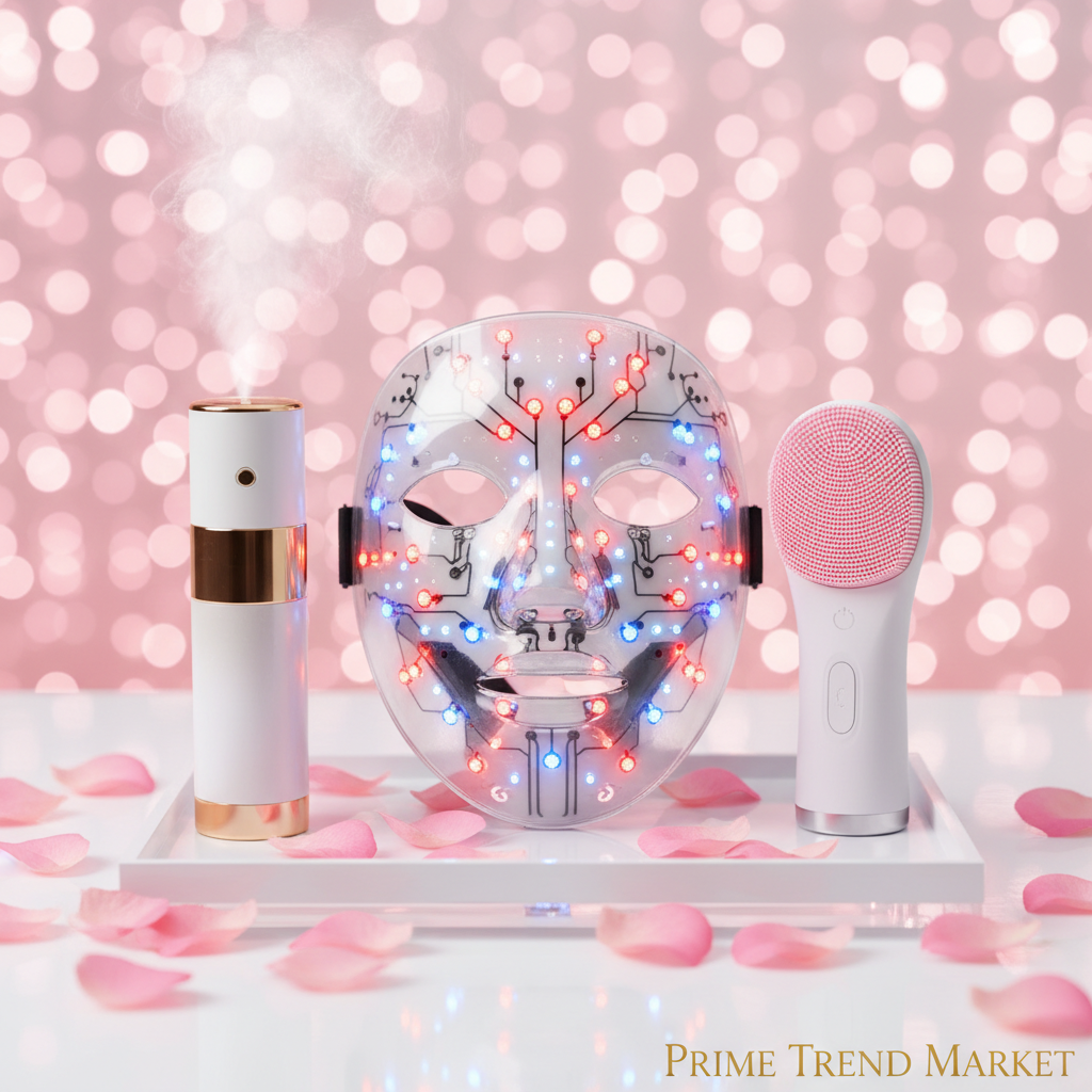 Glow device trio on white acrylic tray with pink rose petals