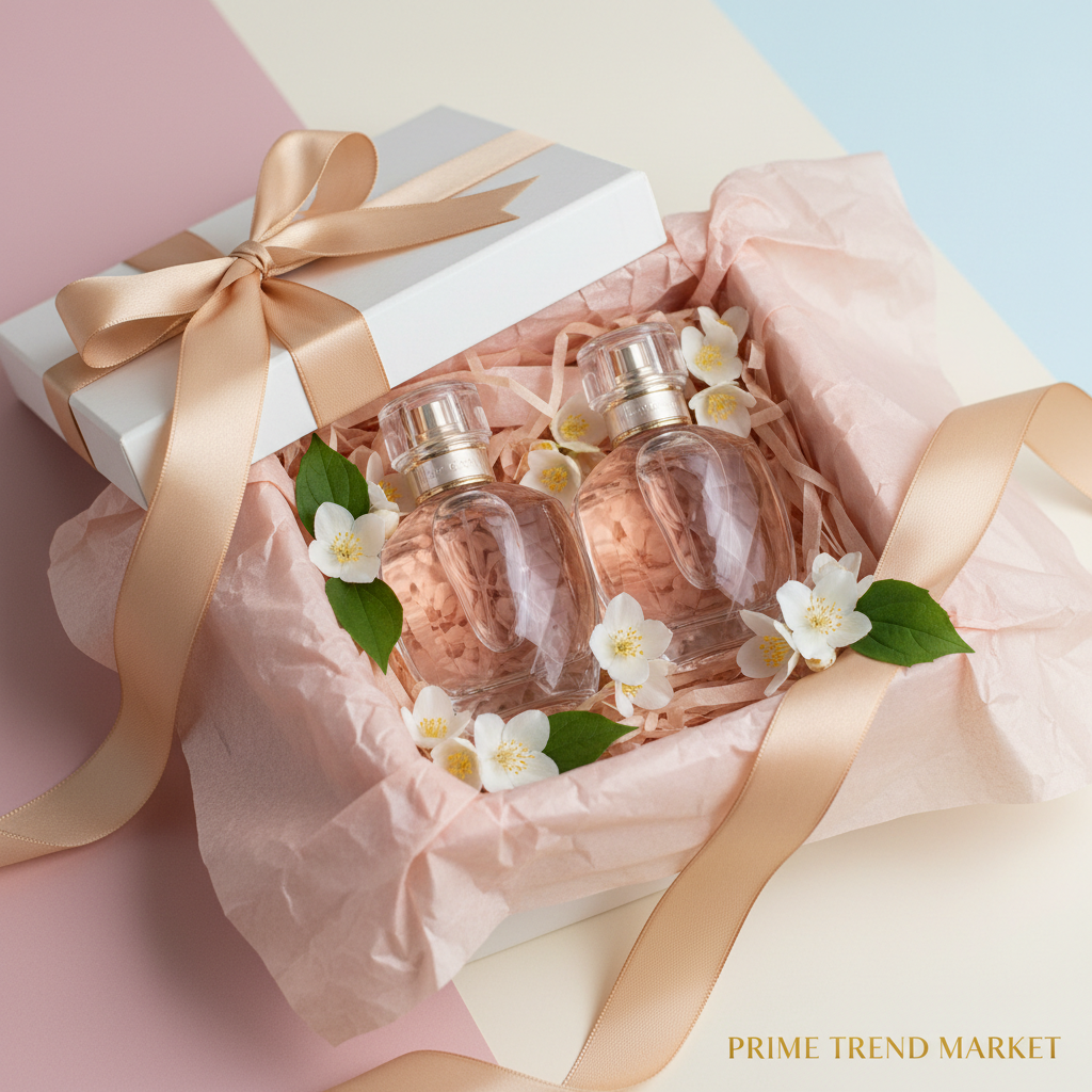 Two perfume bottles in gift box with blush tissue, jasmine and gold ribbon