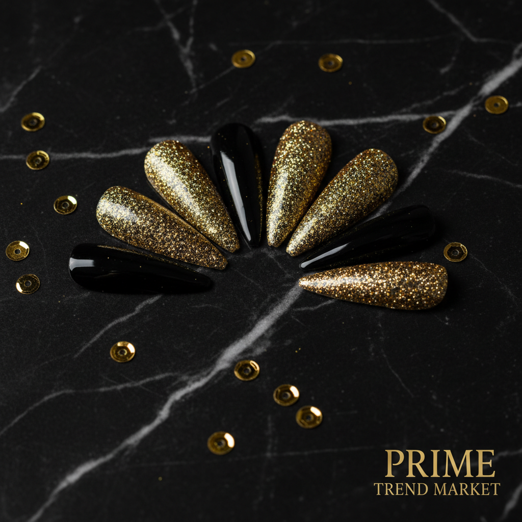 Black Gold Glitter Pointed Press-On Nails — Marble Flat Lay