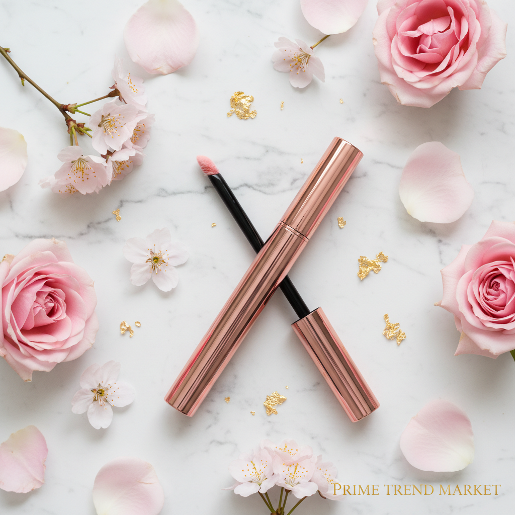 PHOFAY Highlighter Wand flat lay on marble with rose petals and gold accents