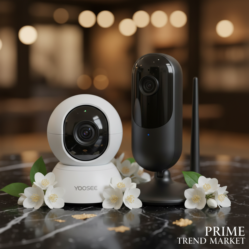 Yoosee indoor dome camera and PTZ tracking camera on dark marble
