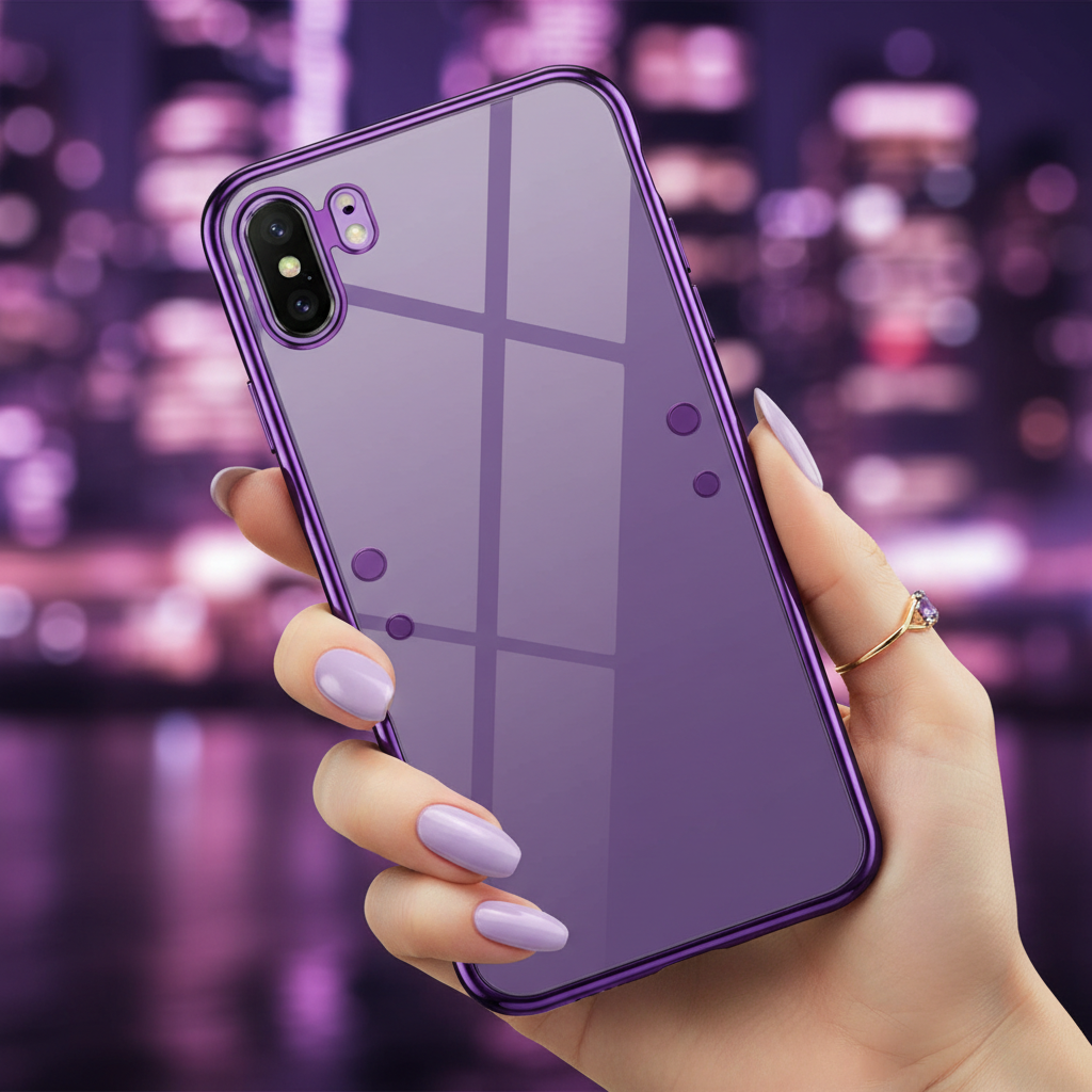 Purple privacy magnetic glass phone case lifestyle shot