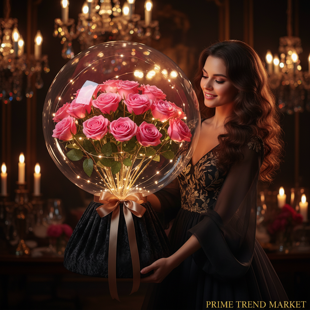 Woman Holding Glowing LED Pink Rose Bouquet Transparent Bobo Balloon Romantic Gift — Prime Trend Market
