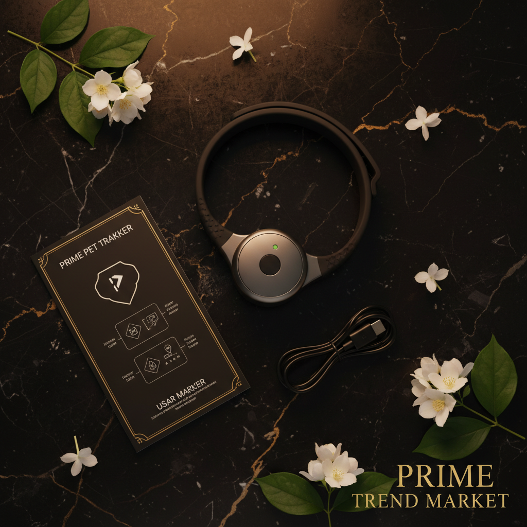 Flat lay of black dog GPS collar with charging cable on black marble with jasmine flowers - Prime Trend Market