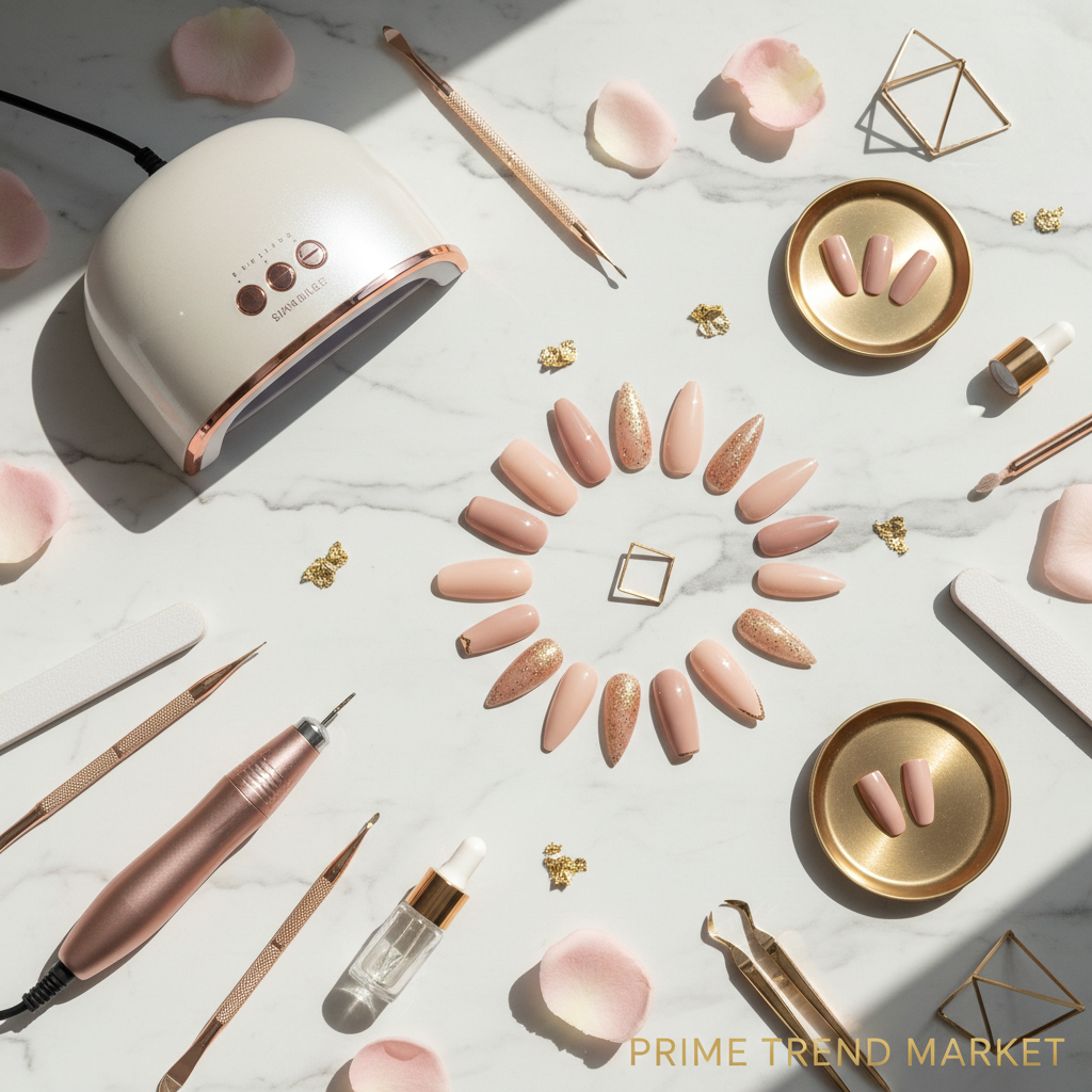 Nail tech starter kit flat lay — press-on nails, UV LED lamp & rose gold drill on marble