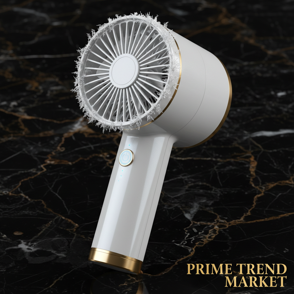 Close up of white turbo jet handheld fan with ice crystals forming around turbo blades dark marble background