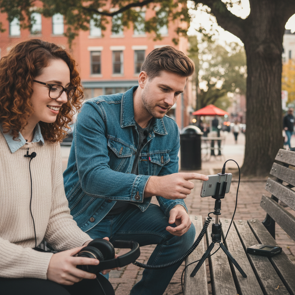 Man plugging lavalier microphone into Android phone for outdoor podcast recording