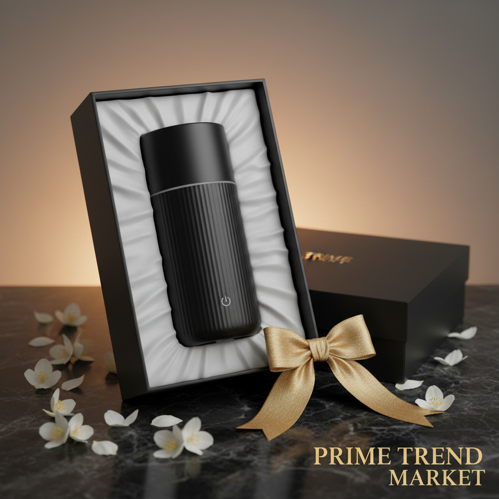 Matte black luxury aroma diffuser in matte black gift box with jasmine petals and amber light