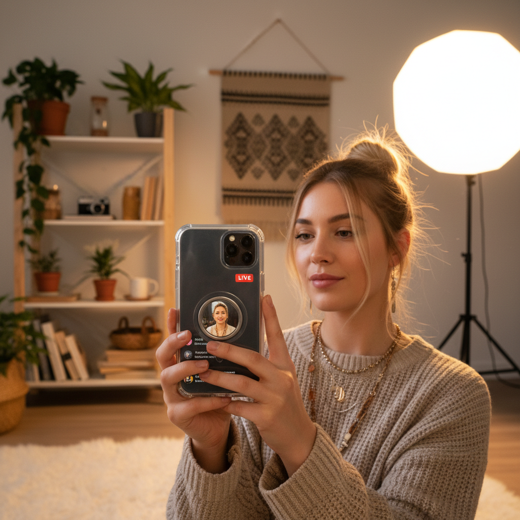Content creator filming with ring grip phone case