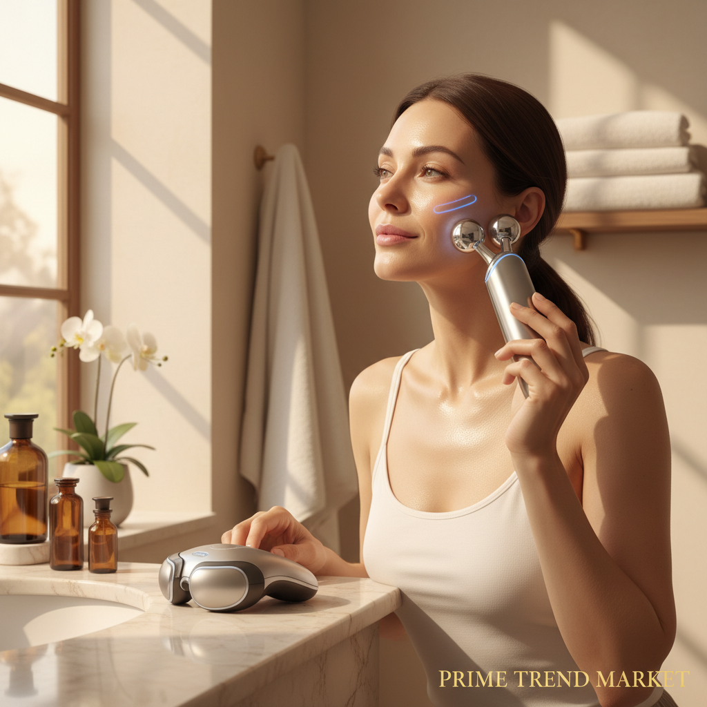 Woman using EMS Microcurrent Wand in luxury spa setting