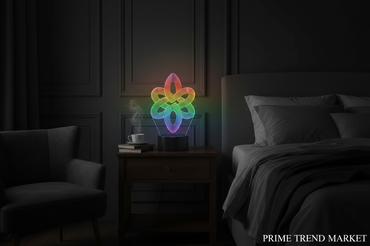 3D optical illusion LED knot lamp rainbow glow on bedroom nightstand ambient lighting lifestyle