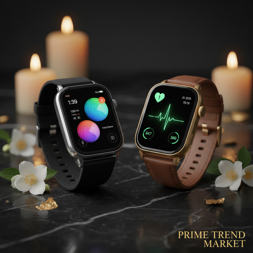Two premium smartwatches on dark marble with jasmine flowers and gold leaf