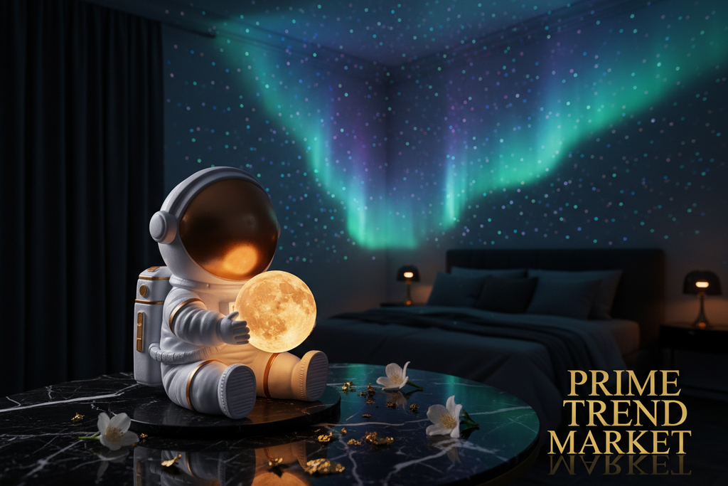 Astronaut Galaxy Projector Night Light on black marble with gold accents and jasmine flowers — Prime Trend Market