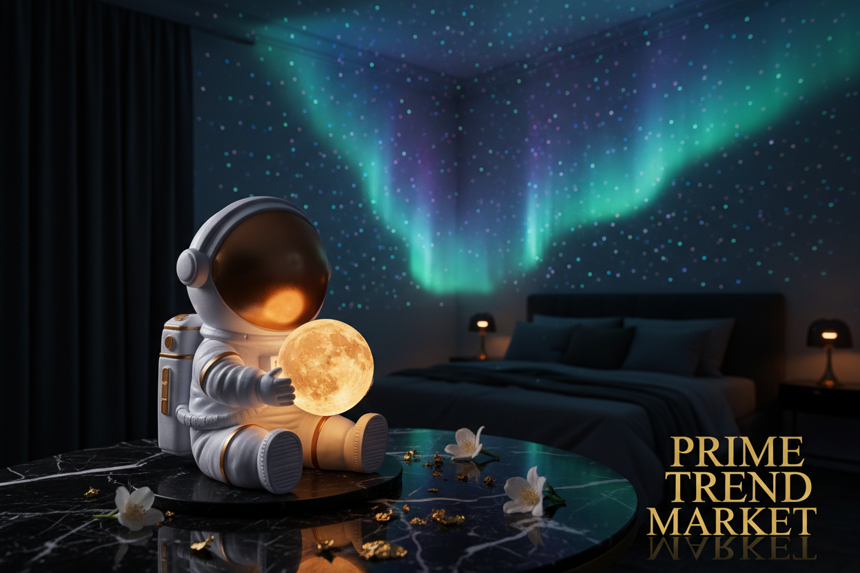 Astronaut Galaxy Projector Night Light on black marble with gold accents and jasmine flowers — Prime Trend Market