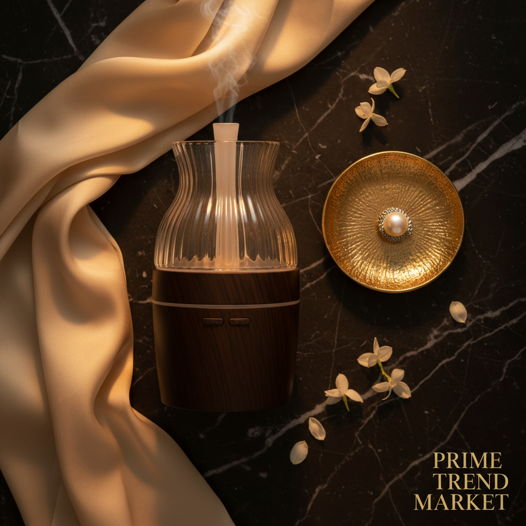 Luxury waterless essential oil aroma diffuser flatlay on dark marble with gold dish and cream silk