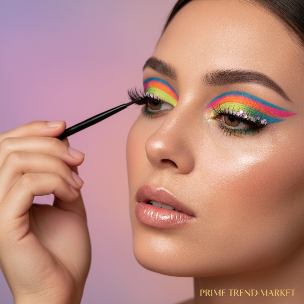 Woman applying colorful eyeliner festival look