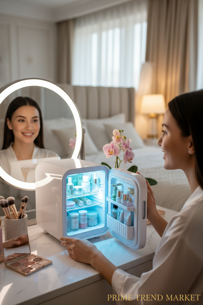 Woman opening glowing skincare mini fridge on vanity with LED light and HD mirror — Prime Trend Market