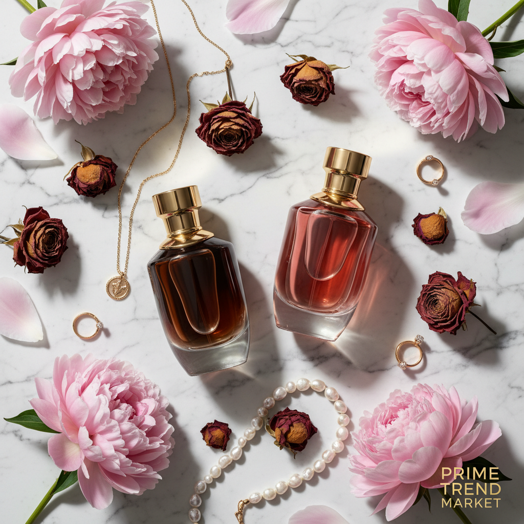 Rose perfume Brown and Red bottles flat lay with pearls and peonies - Prime Trend Market