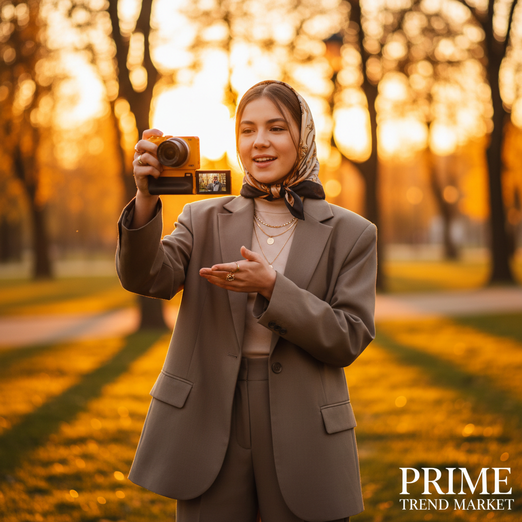 Teen vlogger with yellow SnapShot camera outdoors